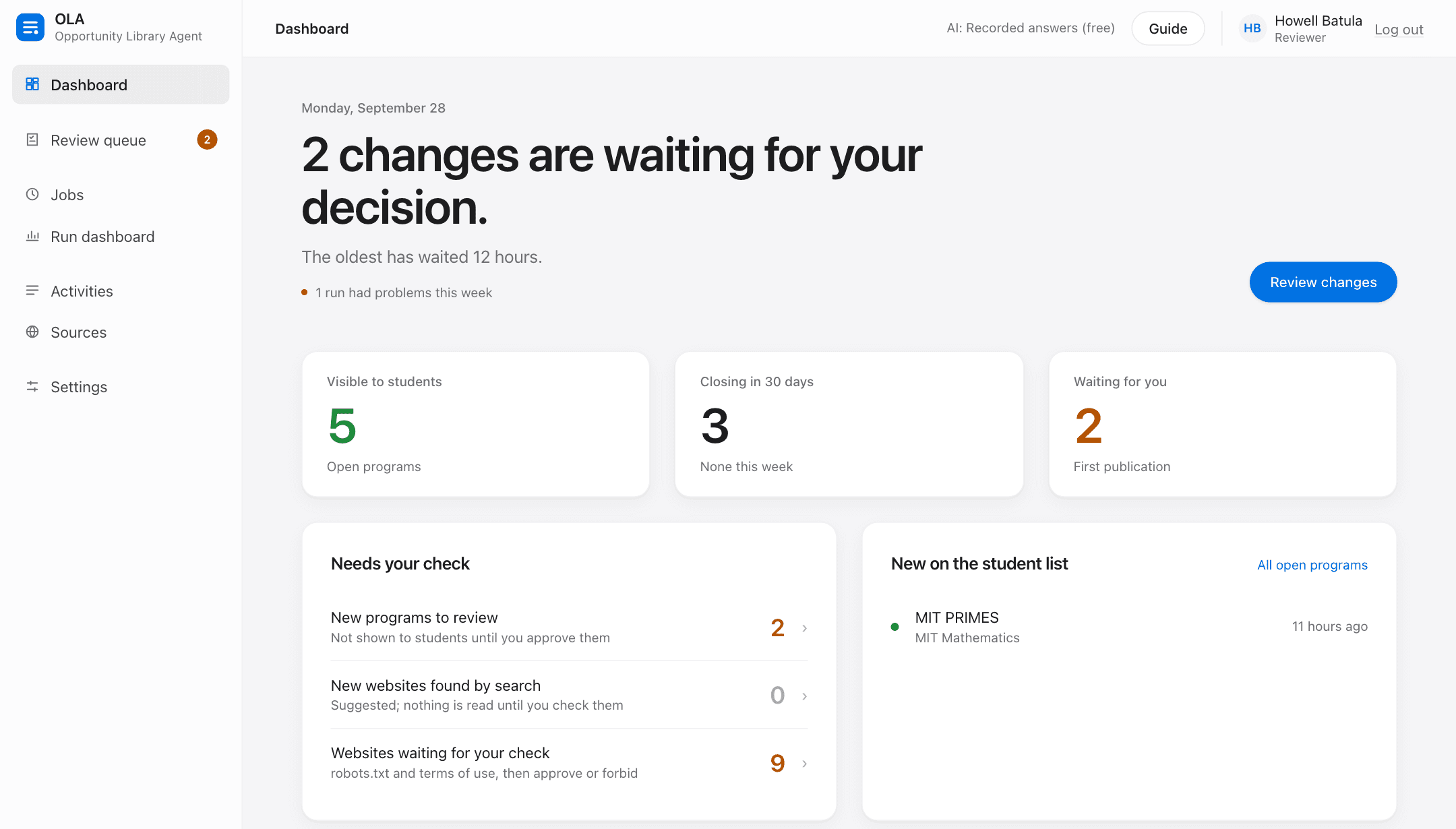 The admin dashboard: what waits for a decision, figures, upcoming deadlines, scheduled jobs and recent activity